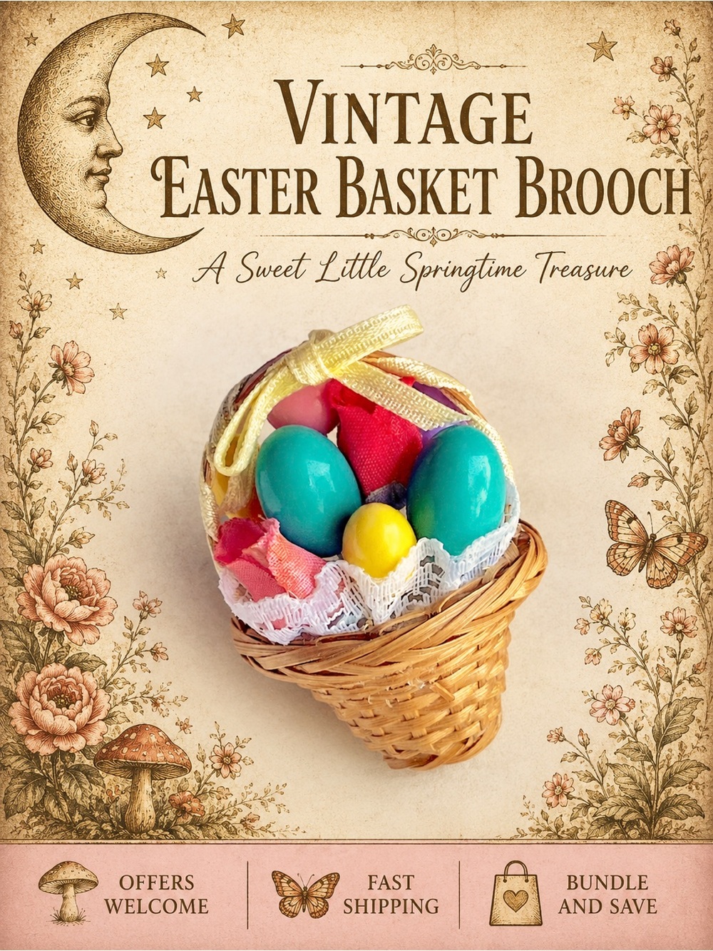 Vintage Easter Basket Brooch Pastel Eggs Spring Holiday Pin